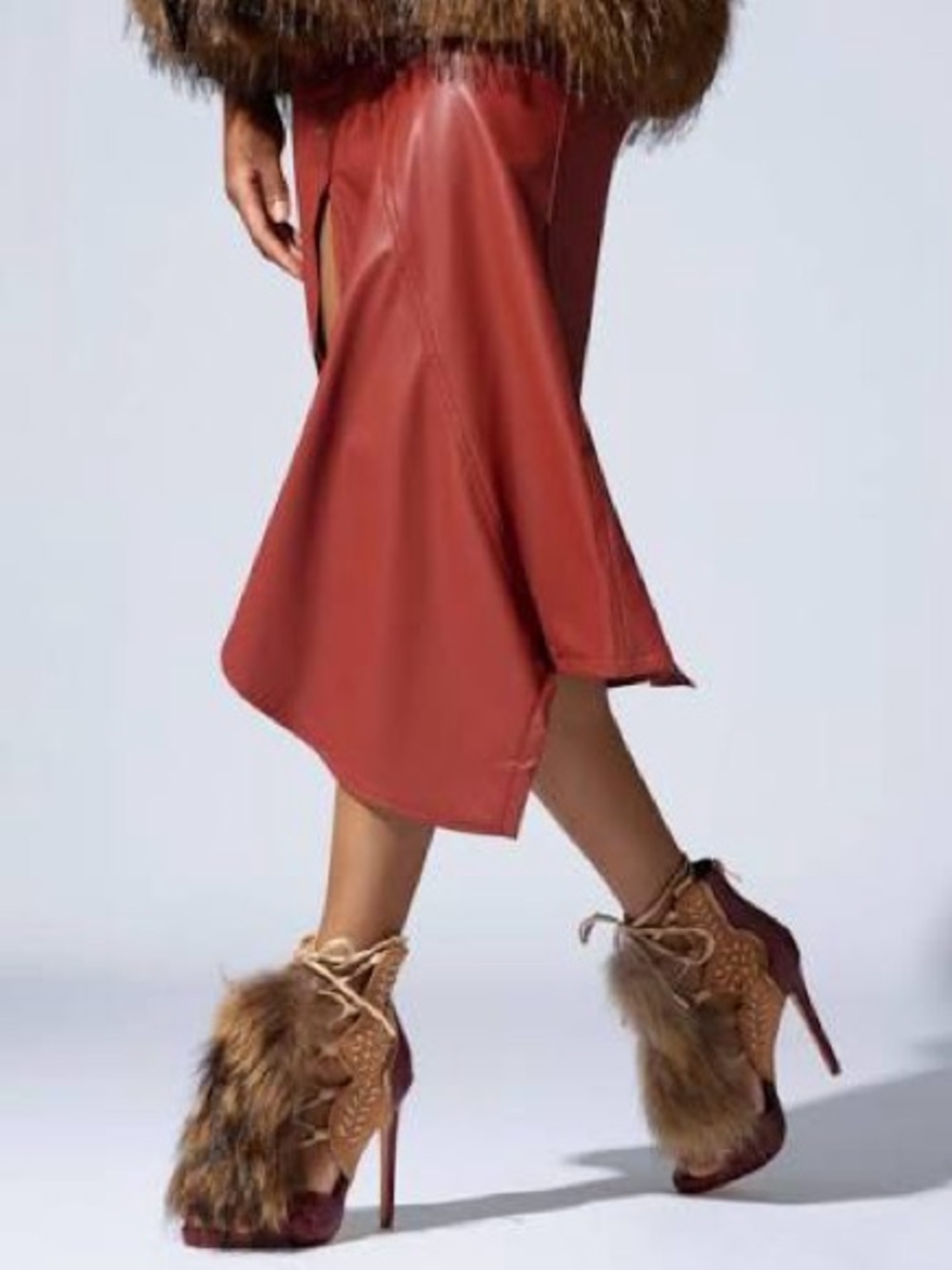 AKIRA Red and Tan Fur-Trim Lace-Up Stiletto Booties - Picture 6 of 16